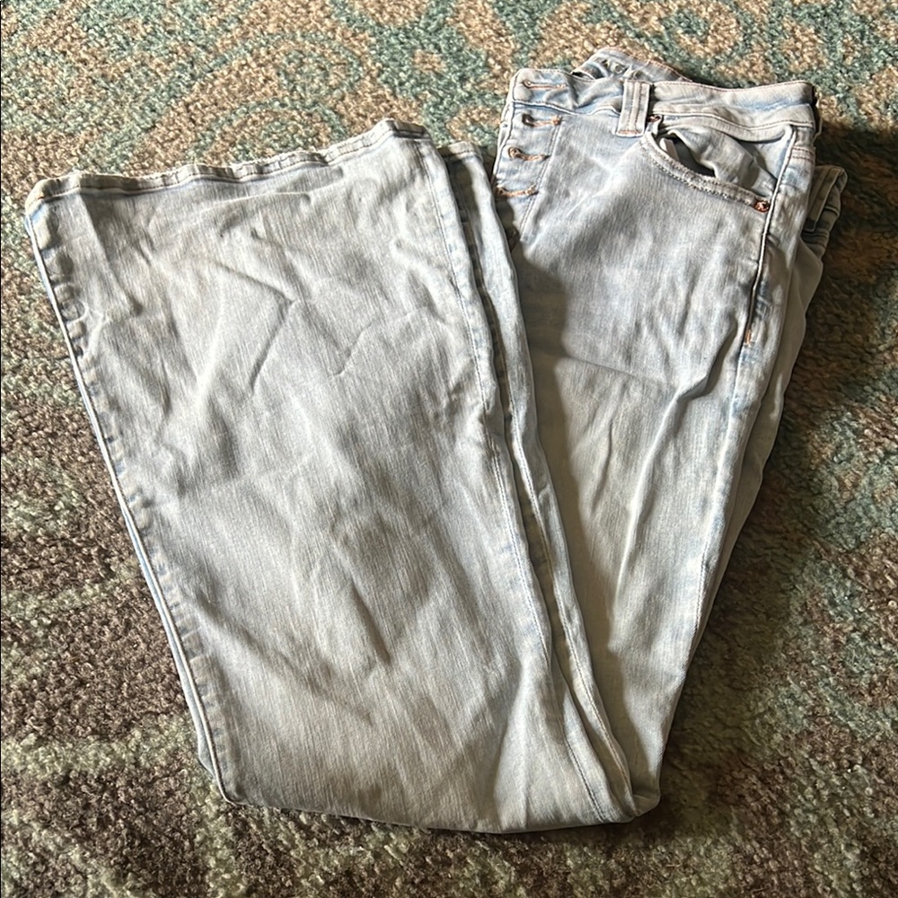 American eagle 4 button super high rise flare bleach blue jeans size 12